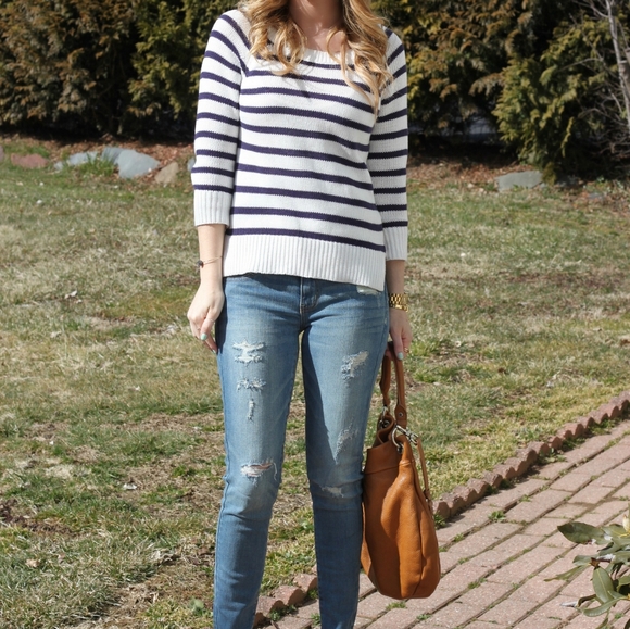 Nautica Navy Blue White Natuical Stripe Blouse Top - Picture 9 of 9